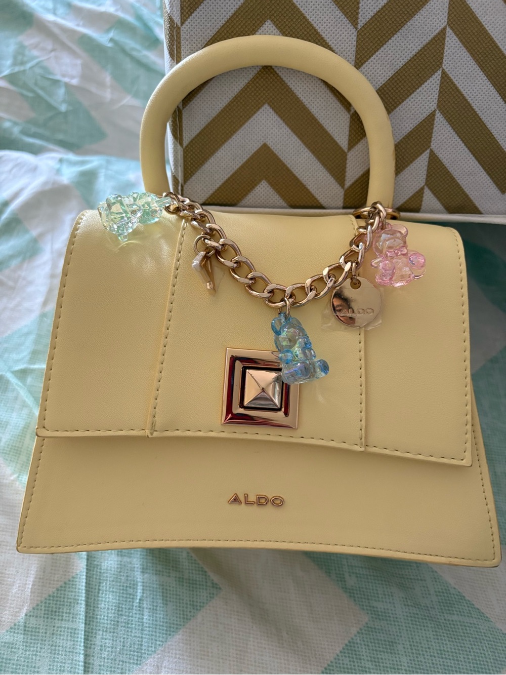 Aldo Pale Yellow Top-Handle Mini Bag with Charm Chain
